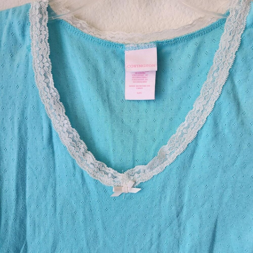 Covington pastel blue & white lace trim top Women Sz S y2k fairy core cottage - Picture 3 of 8